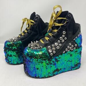 YRU Qozmo Platforms Hightops Black Blue Green Sequin Stud 5/6 Bootie Shoes